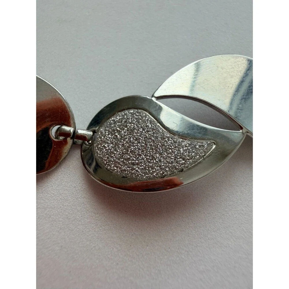 Visetti Designer Silver Tone Wave Link Bracelet Glitter Frosted Polished Metal